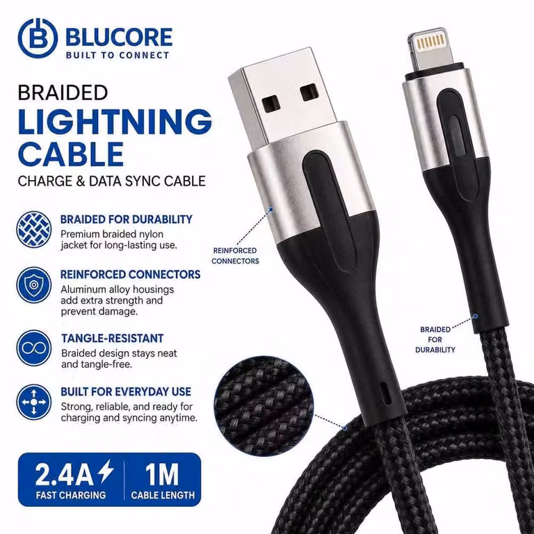 BluCore Braided USB-A to Lightning Cable, 1m, Yellow