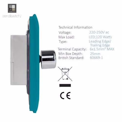 Trendi Switch 4 Gang 1 or 2 Way 150w Rotary LED Dimmer Light Switch in Turquoise – 2