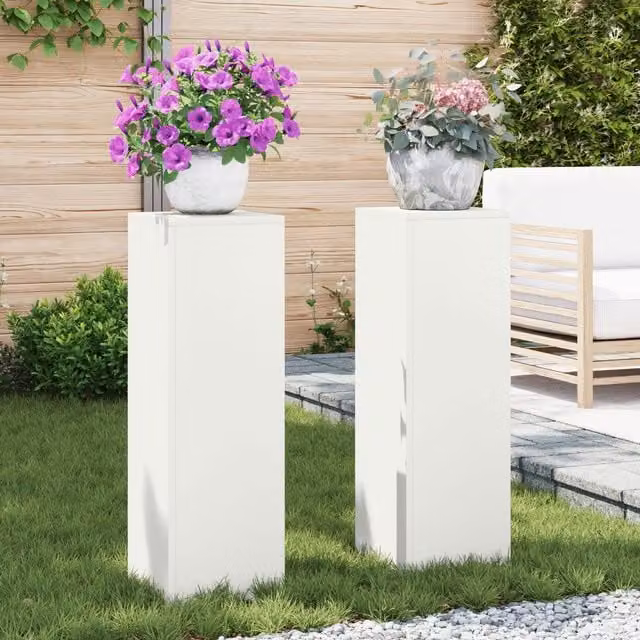 Berkfield Home Outdoor Plant Stand Pillar Set of 2, White Steel, W/D/H: 24 x 24 x 75 cm