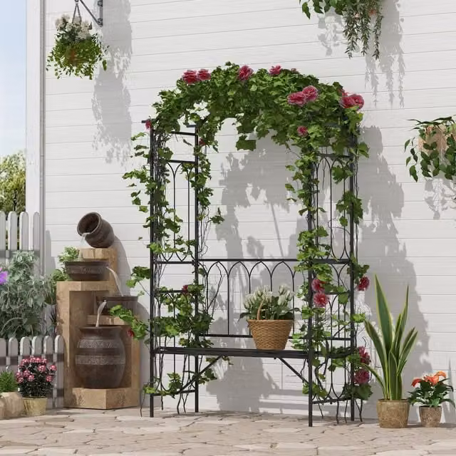 Outsunny Garden Arbour Bench Plant Climbing Support in Black Metal