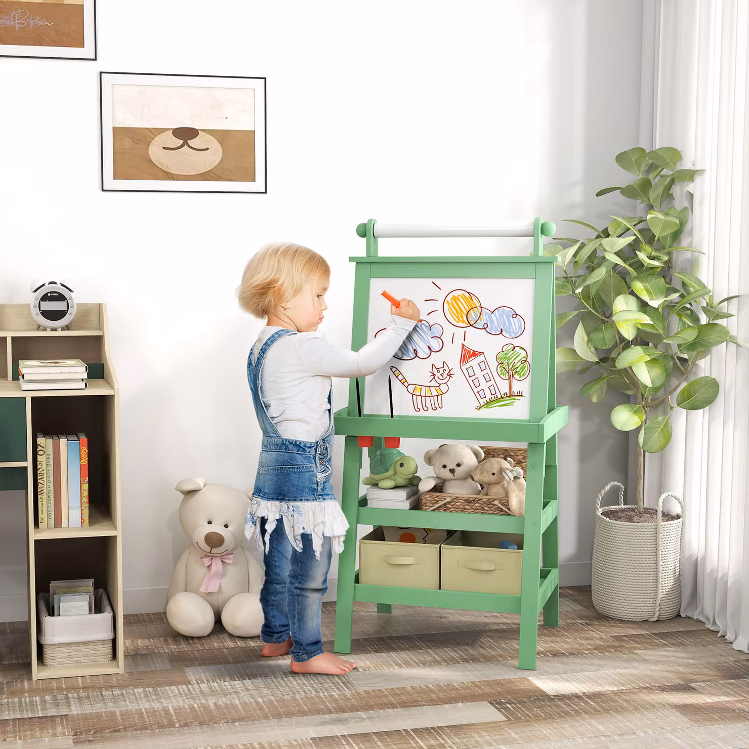 AIYAPLAY 3 in 1 Kids Art Easel with Double-Sided Magnetic Whiteboard, Chalkboard and Paper Roll, Green – 2