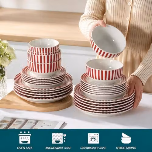 Waterside 12-Piece Red Striped Porcelain Dinner Set – 4