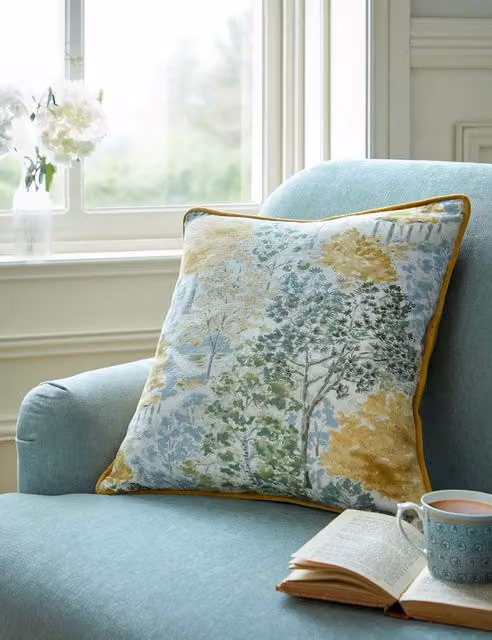Laura Ashley Bernwood Square Floral Cotton Piped Cushion in Yellow Mix