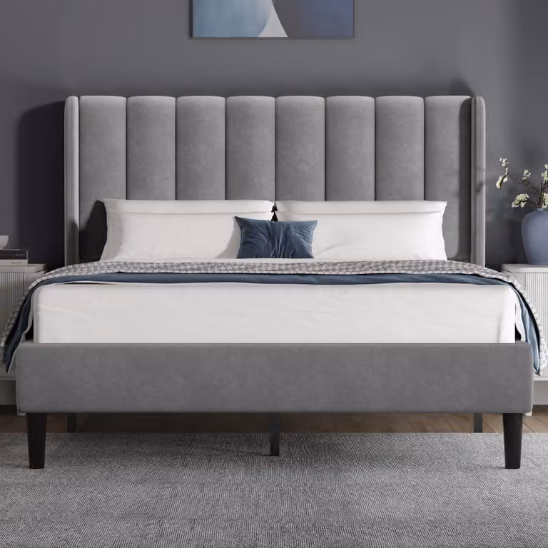 DHS Vertical Line Velvet Upholstered Bed Frame in Light Grey, W/D/H: 180 x 200 cm