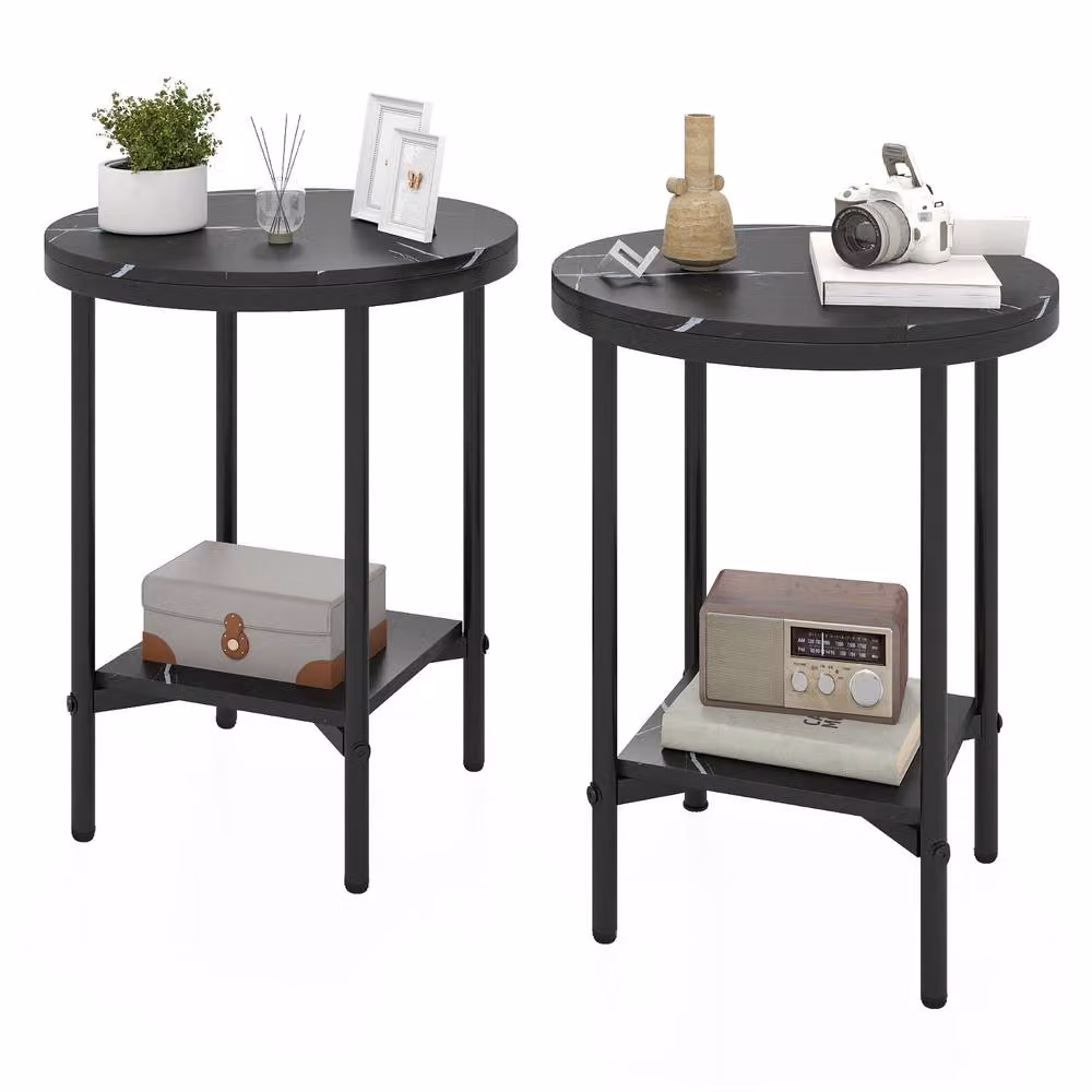 Gymax 2-Tier Round Side Table with Black Faux Marble Top and Metal X-Frame – 9