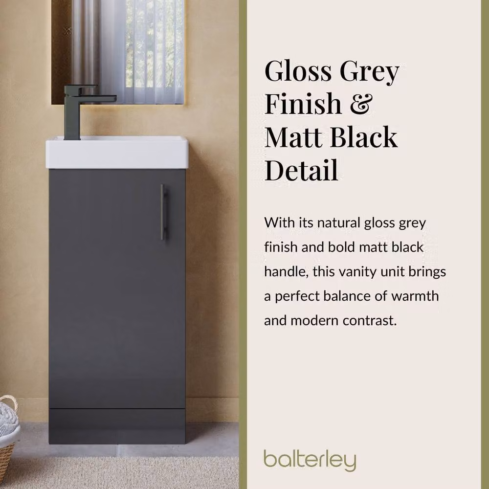 Balterley Gloss Grey Freestanding Floor Standing Vanity Basin with Matt Black Handle, Width: 40 cm, Height: 86.1 cm – 4