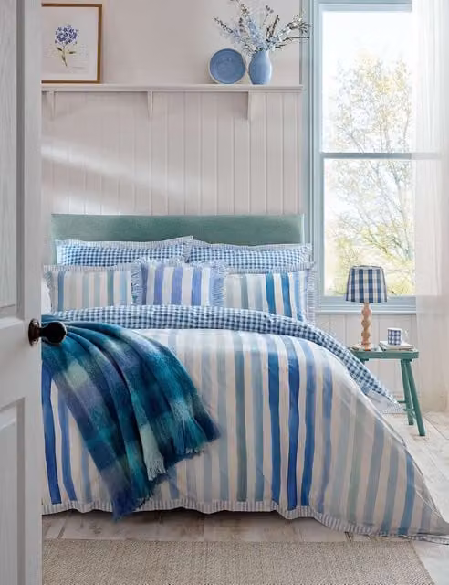 Bluebellgray Pure Cotton Percale Sunday Stripe Reversible Bedding Set, Blue Mix, Single (3 ft)