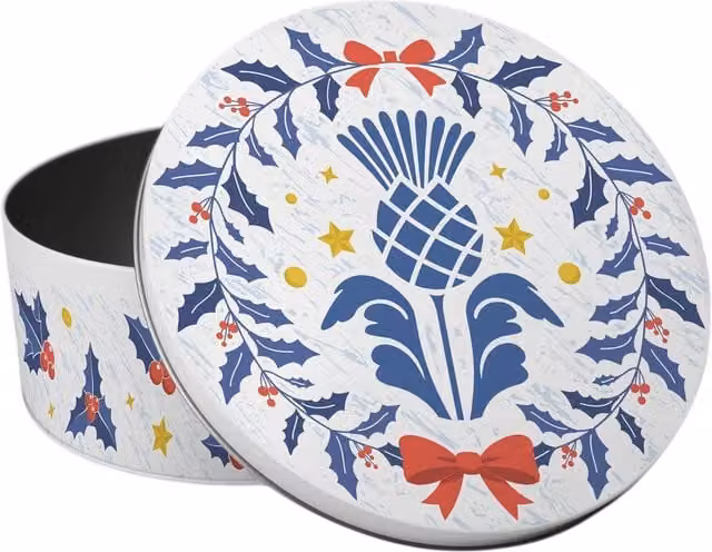 Purely Home Round Scottish Thistle Small Christmas Cake Tin in Multicoloured Blue and White