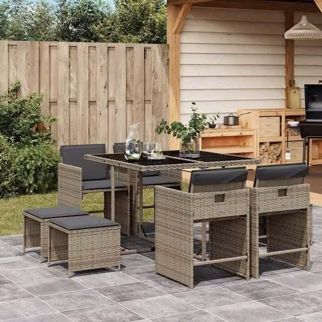 Berkfield Home 9 Piece Grey Poly Rattan Garden Dining Set with Cushions and Glass Table – 1