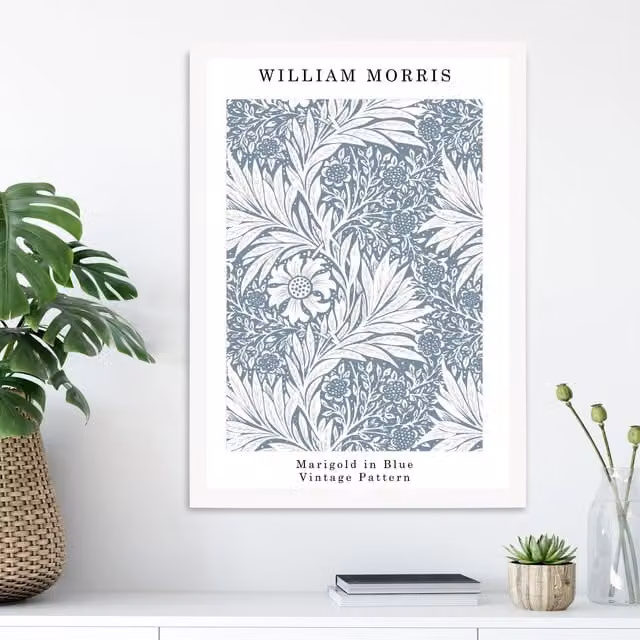 ARTZE William Morris Marigold in Blue Floral Art Print with White Frame, A2 Size – 1