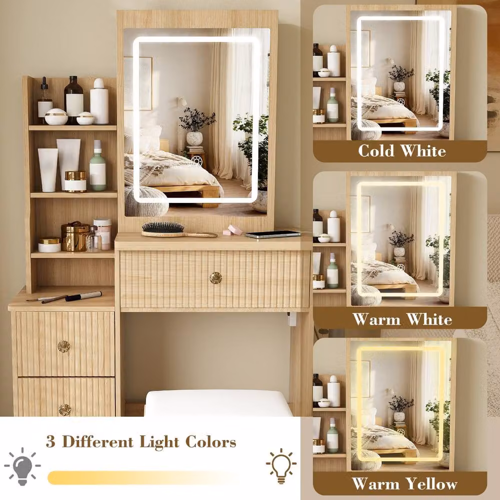 Rolipo Modern Vanity Desk with LED Lights, 4 Drawers and Power Socket in Sand – 3