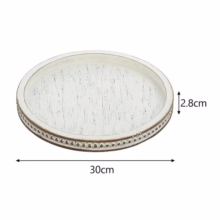 Havendro White Vintage Round Wooden Decorative Tray, Diameter: 30 cm