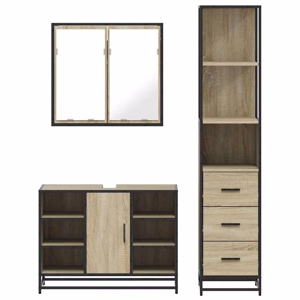 Berkfield Home 3 Piece Industrial Bathroom Furniture Set in Brown, including Mirror Cabinet, Vanity Unit and Tall Cabinet – 2