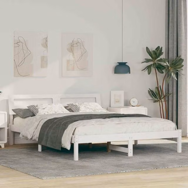 Berkfield Home Modern White Solid Pine Wood Bed Frame with Headboard, 150 x 200 cm – 1
