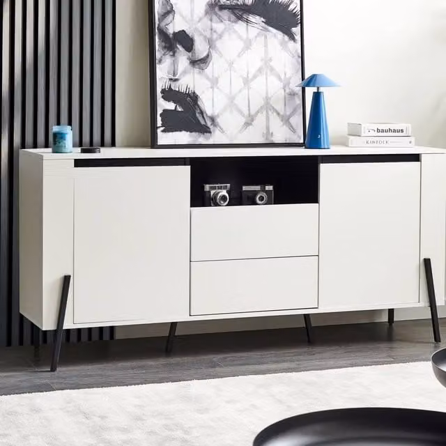 Wyld and Coco White Modern Engineered Wood Sideboard with 3 Drawers and Metal Legs