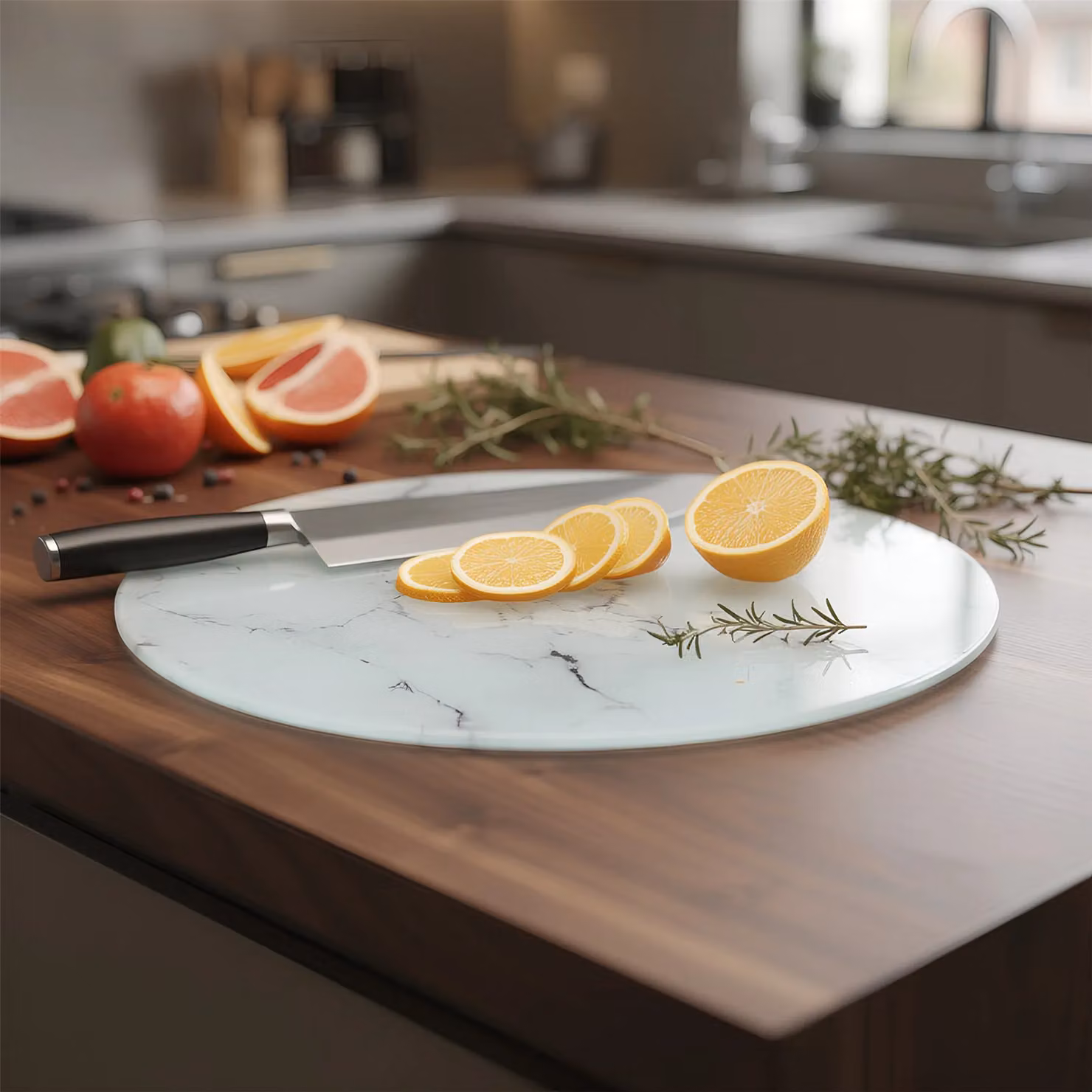 Harbour Housewares Round Glass Chopping Board with Marble Effect in White and Multicolour, Diameter: 30 cm – 9