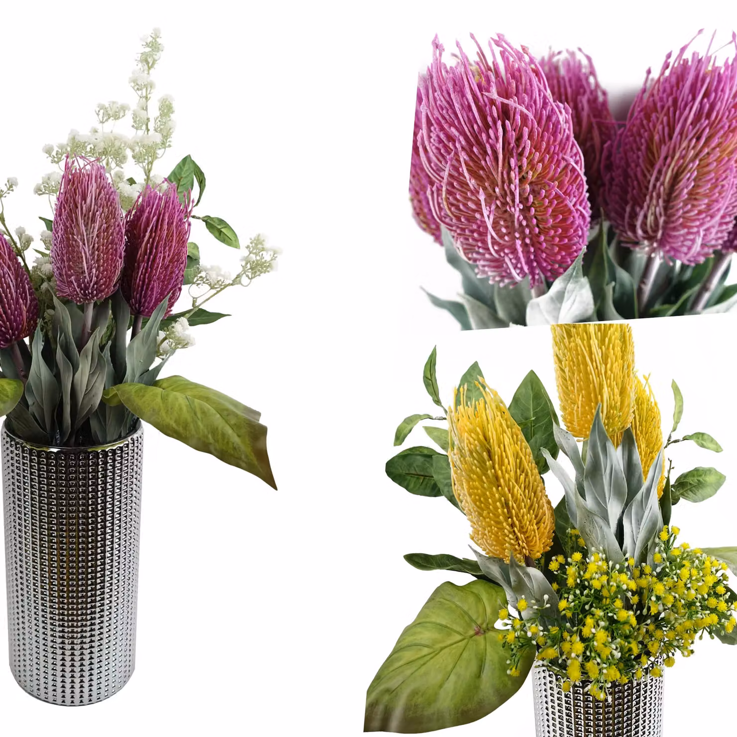 Pegdev Pack of 6 Artificial Banksia Floral Stems in Yellow and Pink, Height: 75 cm – 3