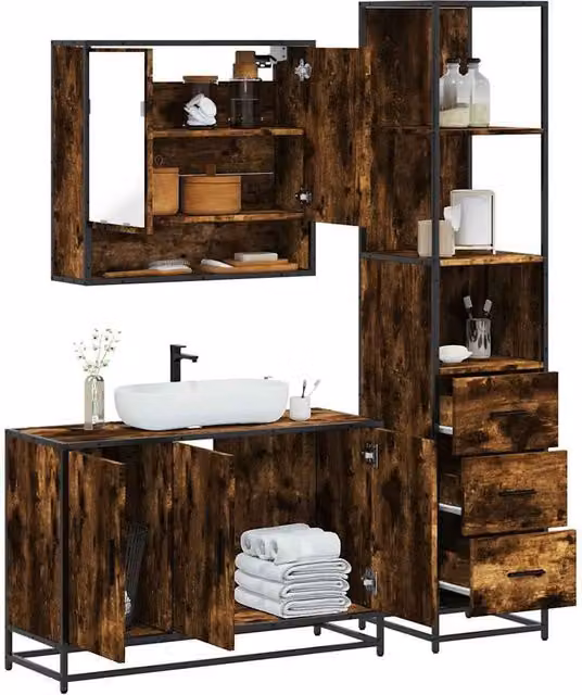 Berkfield Home 3 Piece Industrial Bathroom Furniture Set in Smoked Oak Brown