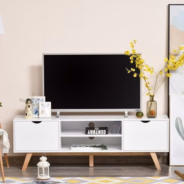HOMCOM Minimalist White TV Stand Storage Cabinet with Media Compartments and Grommets