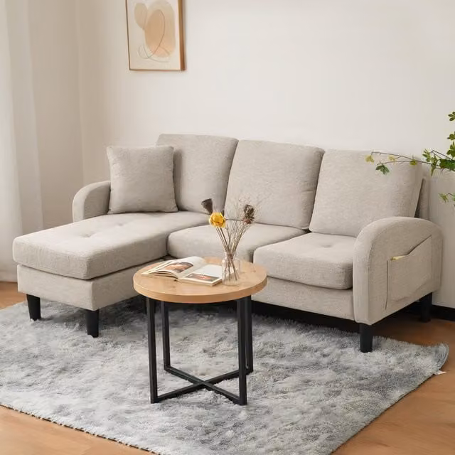 Aosom UK 3-Seater L-Shaped Corner Sofa with Reversible Chaise Lounge and Extra Scatter Cushions, Beige and Grey, W/D/H: 116 x 118 x 82 cm