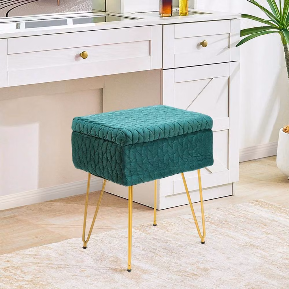 KORVIXA Green Velvet Storage Ottoman Stool with Gold Hairpin Legs, W/D/H: 100 x 100 x 100 cm – 3