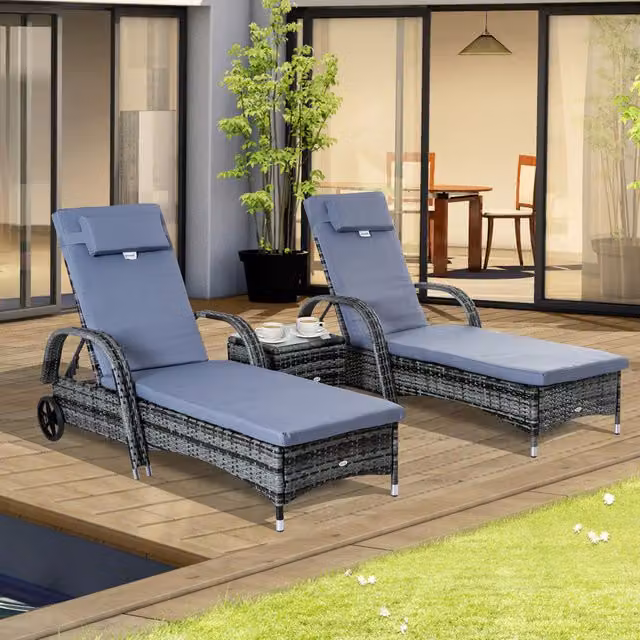 Outsunny Grey Polyrattan Wicker Sun Lounger Set with Weatherproof Cushions