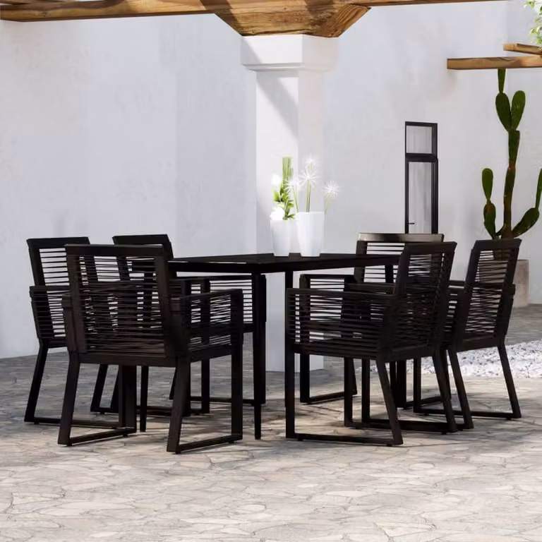 Berkfield Home 7 Piece Black Modern Garden Dining Set with Metal, Glass and Rattan