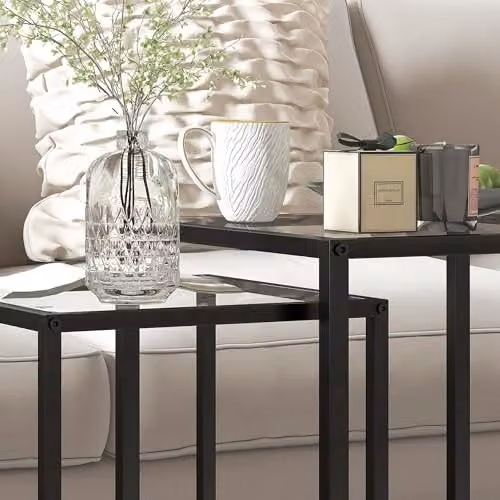 HOMCOM Nesting Tables Set of 2 with Tempered Glass Tops and Steel Frame, Black – 6