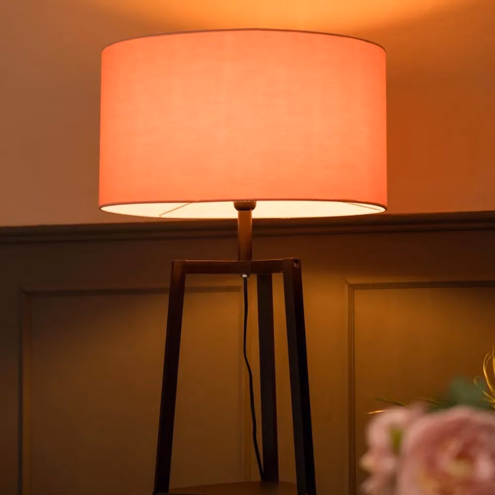 ValueLights Hiru Black 3 Tier Shelf Floor Lamp with Large Pale Pink Drum Shade and Bulb – 3