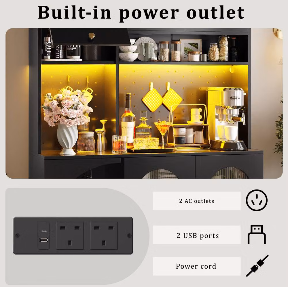 STILVORA Modern Black Tall Kitchen Cabinet with Integrated LED Lighting, USB Ports and Bottle Rack – 9