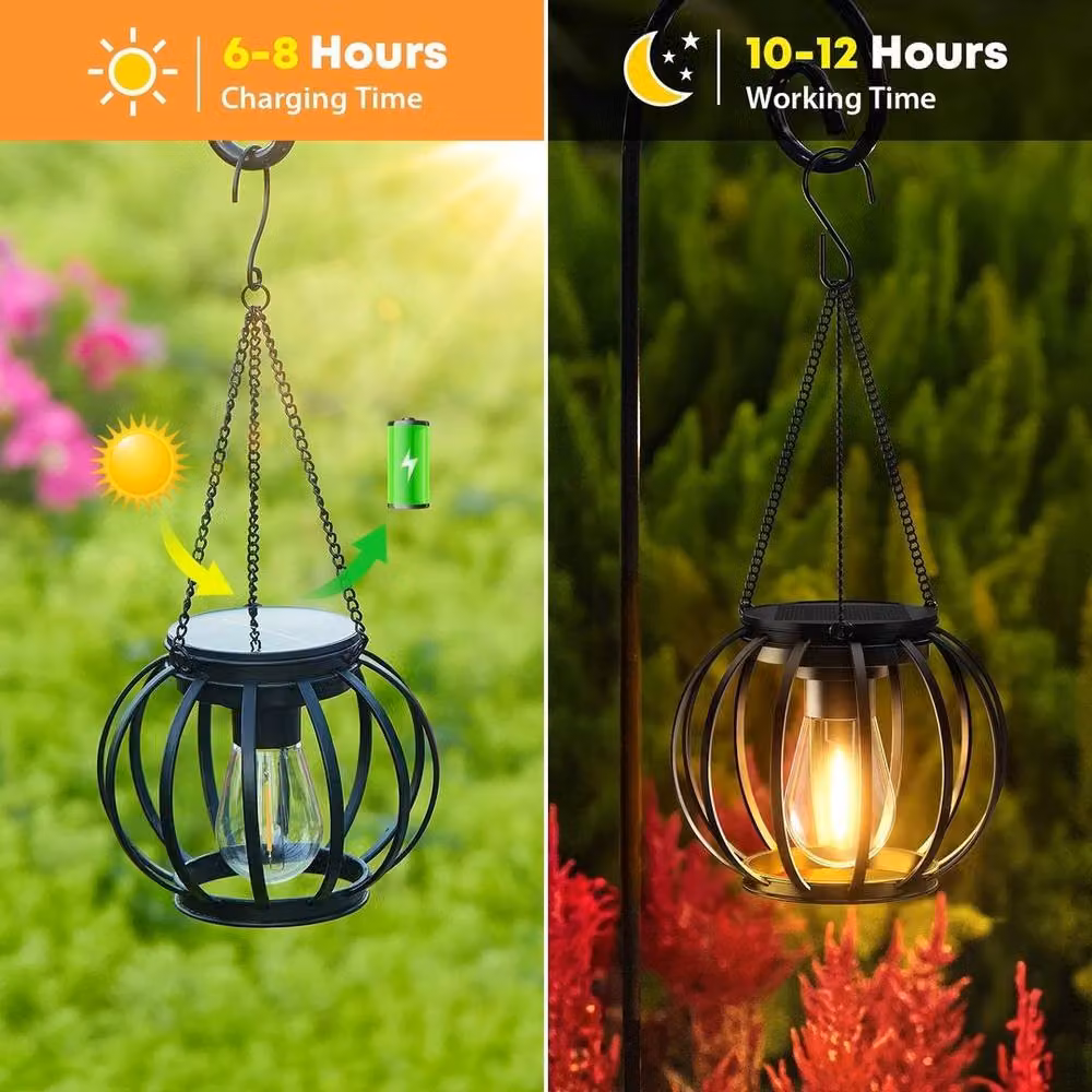 SPETLEK 2-Piece Black Metal Solar LED Hanging Lanterns with Warm White Light for Garden Use – 3