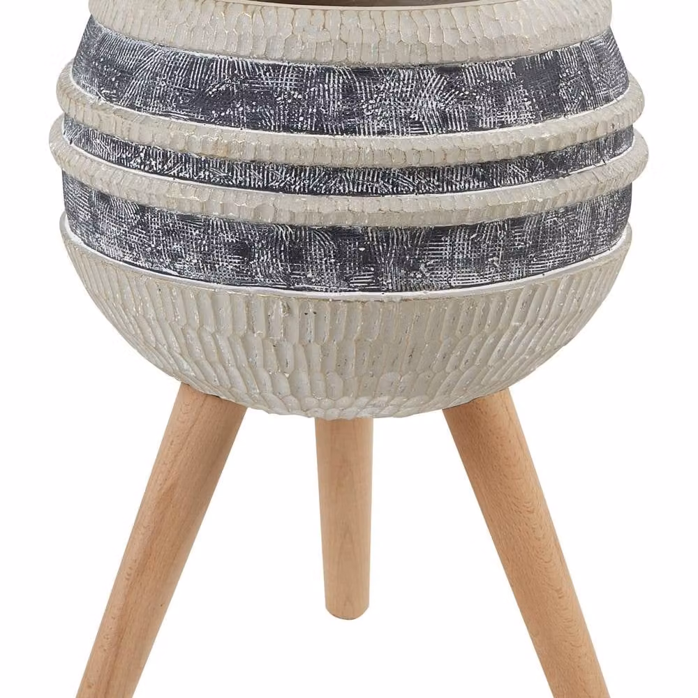 Wyld and Coco Round Beige and Grey Fibre Clay Planter with Beechwood Base, H 52.0 cm x W 38.0 cm x D 38.0 cm – 2