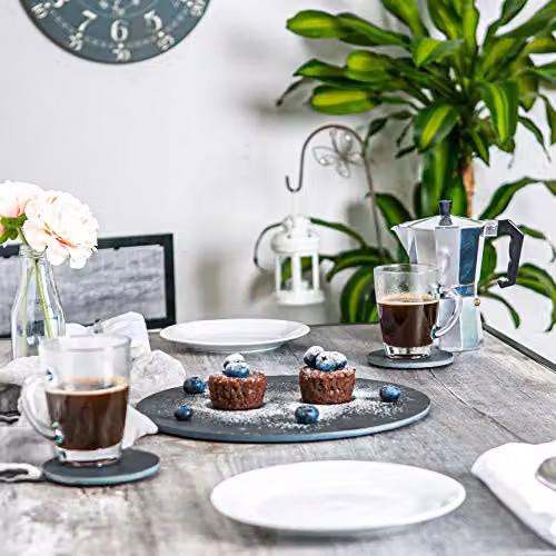 Argon Tableware Round Black Slate Coasters, 24 Piece Set with Holder, Diameter: 10 cm – 6