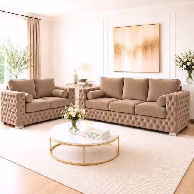 Stratus Interiors Ashley Full Back Chesterfield Upholstered Fabric Sofa 2 and 3 Seater Set in Beige