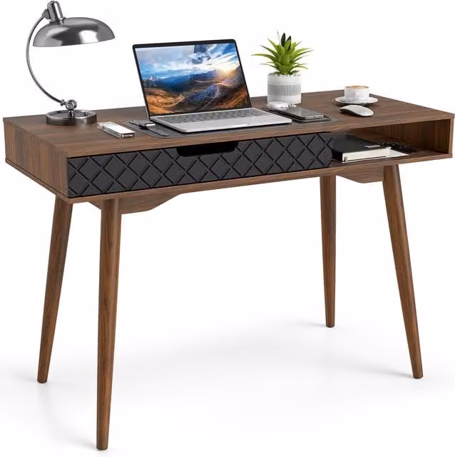 COSTWAY Mid-Century Brown Rubberwood Writing Desk for Home Office and Bedroom