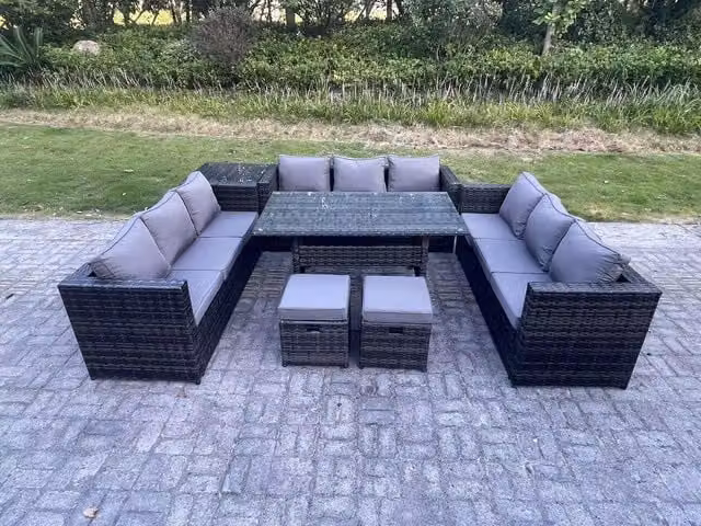 Fimous 11 Seater Outdoor Rattan Garden Furniture Set with Rectangular Dining Table and 2 Stools in Dark Grey