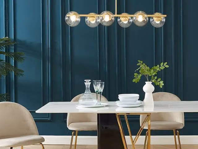 Vente-unique Yukon Hanging Lamp in Brushed Gold Brass with 6 Transparent Glass Globes, W: 98 cm