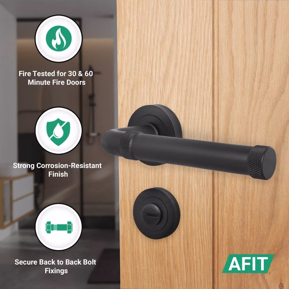 AFIT Matt Black Aluminium Bathroom Door Handle Set with Lock and Hinges – 2