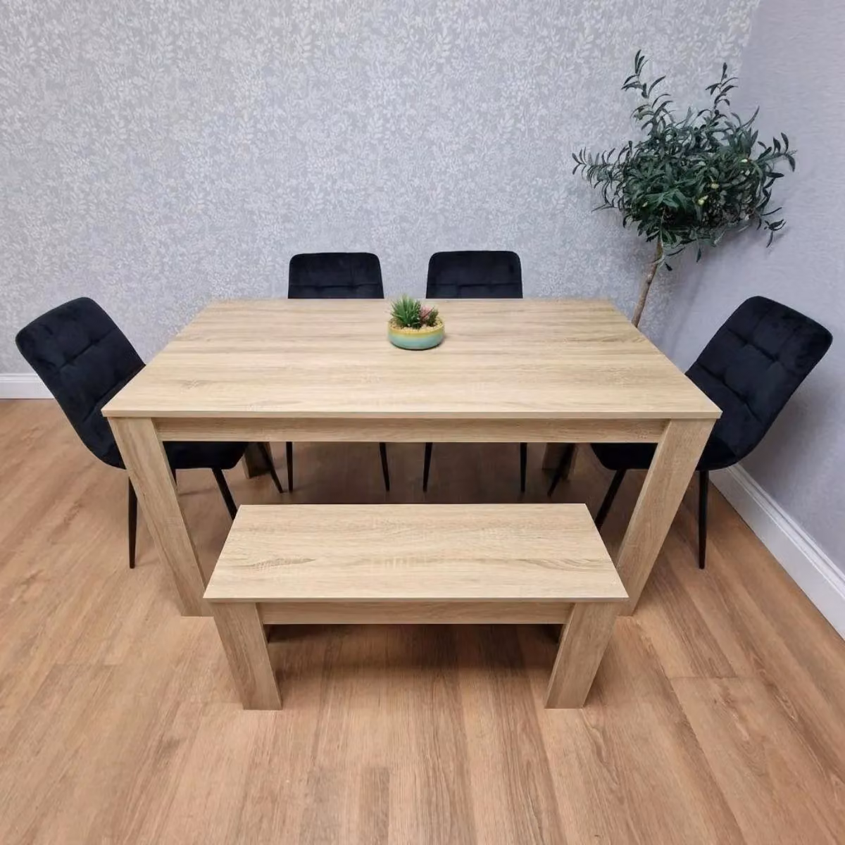 Kosy Koala Oak Effect Dining Set with Rectangular Brown Table, 4 Black Velvet Chairs and Bench – 2