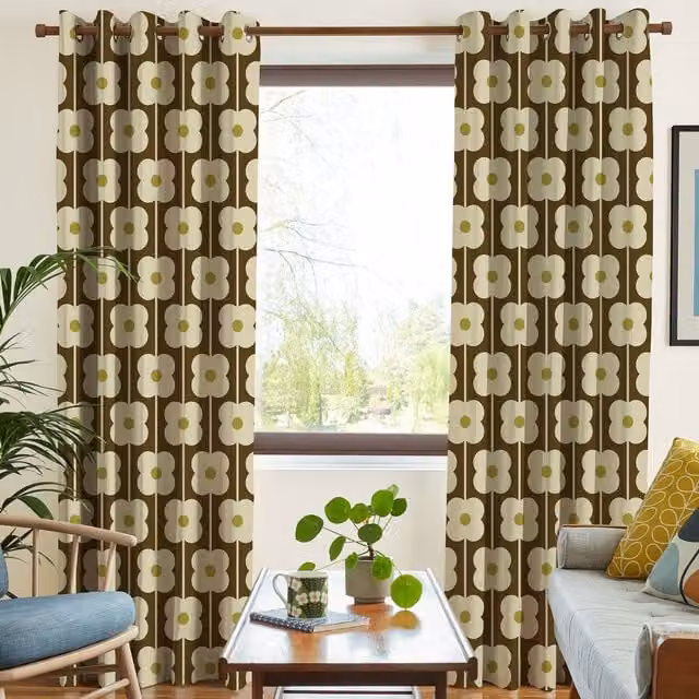 Orla Kiely Abacus Flower Made To Measure Blackout Eyelet Curtains in Conker Brown and Yellow Cotton