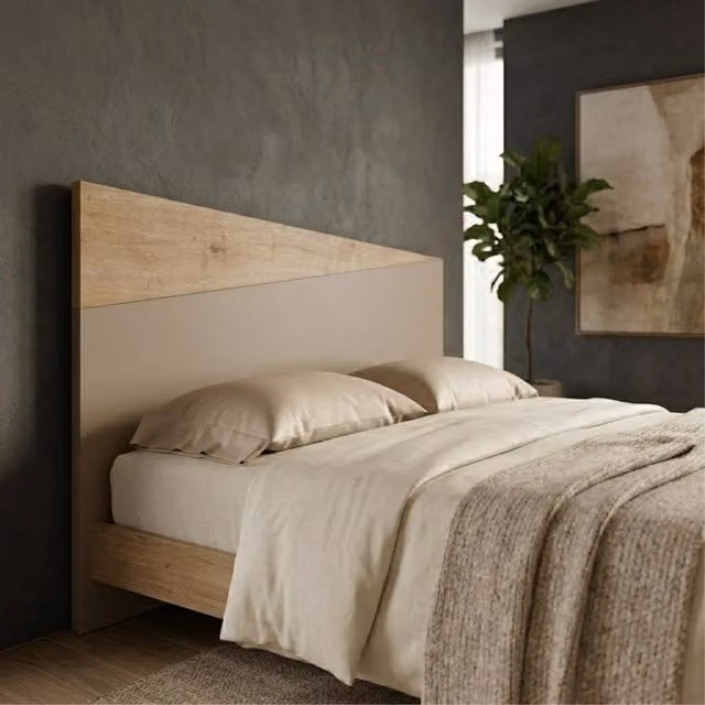 Decortie Diago Wall Mounted Upholstered Headboard in Oak and Multicolour Fabric, W/H: 180 x 160 cm