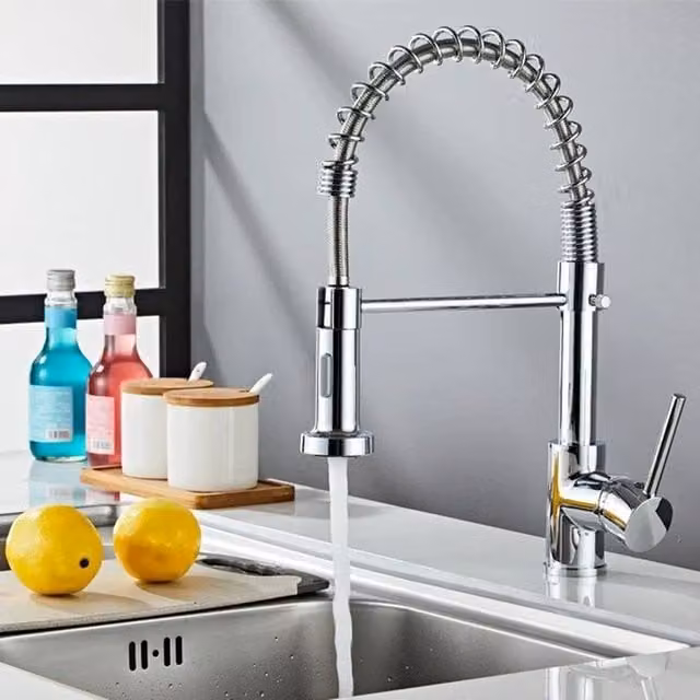 Kelvenix Monobloc Kitchen Sink Mixer Tap in Silver with Spray Function and Single Lever Control, Chrome Finish – 1