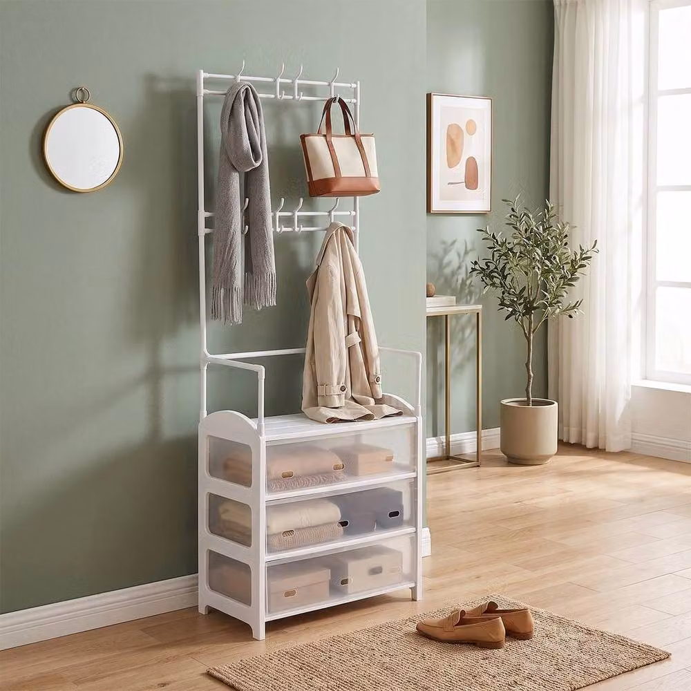 FORGEVIO White Hall Tree with Bench and 4 Dustproof Shelves, W/D/H: 60 x 31 x 158 cm – 3