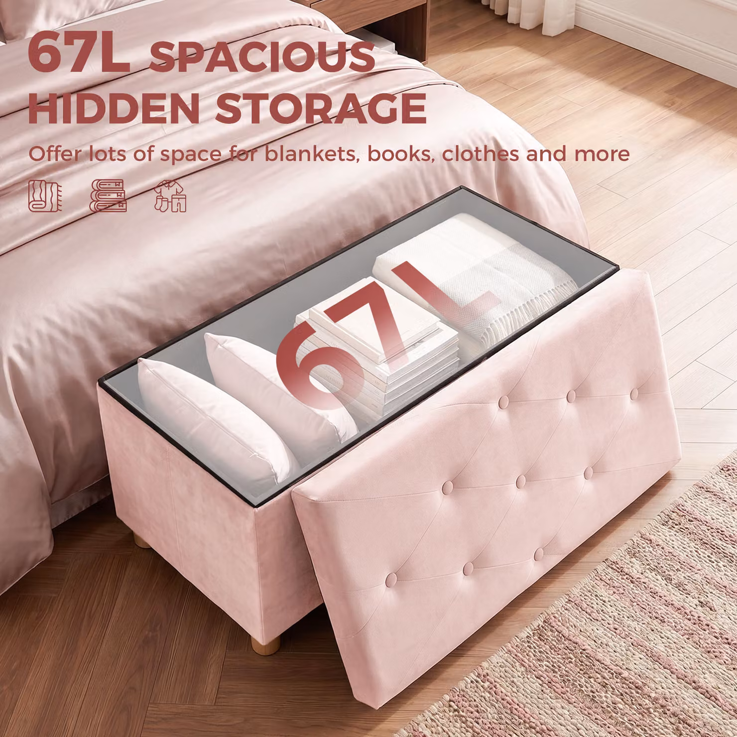 HOMCOM Pink Velvet Upholstered Foldable Storage Ottoman Bench with Wood Legs – 3