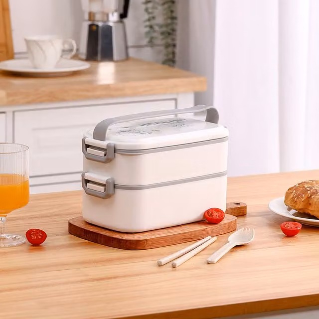 Livingandhome White Plastic Bento Lunch Box with Cutlery, Dividers and Microwave Safe Compartments