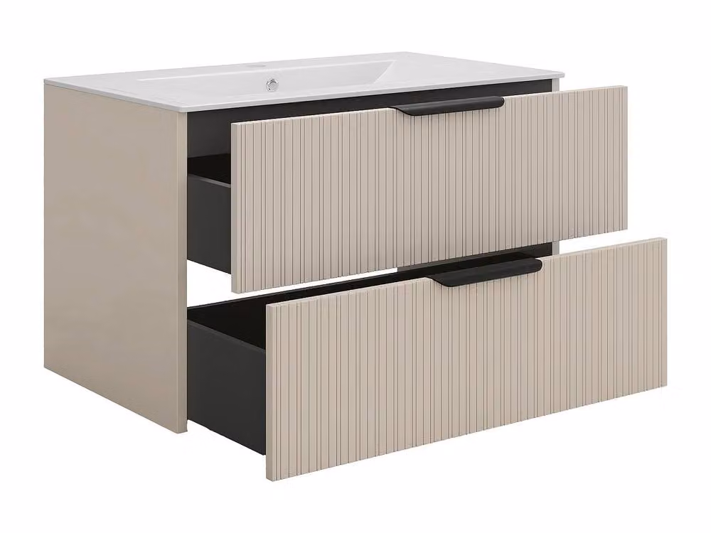 Vente-unique Fluted Wall-Hung Bathroom Unit with Inset Basin in Beige and White, Width: 80 cm – 2