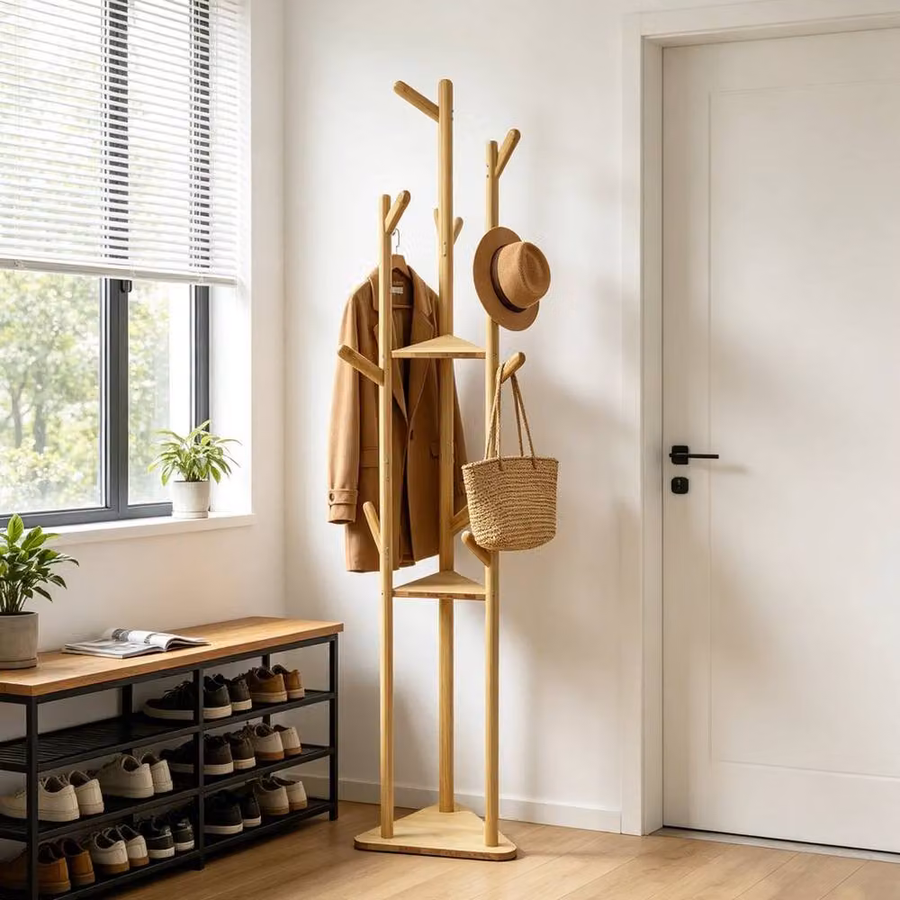 KORVIXA Modern Bamboo Hall Tree with Bench and Hooks in Sand Brown – 3