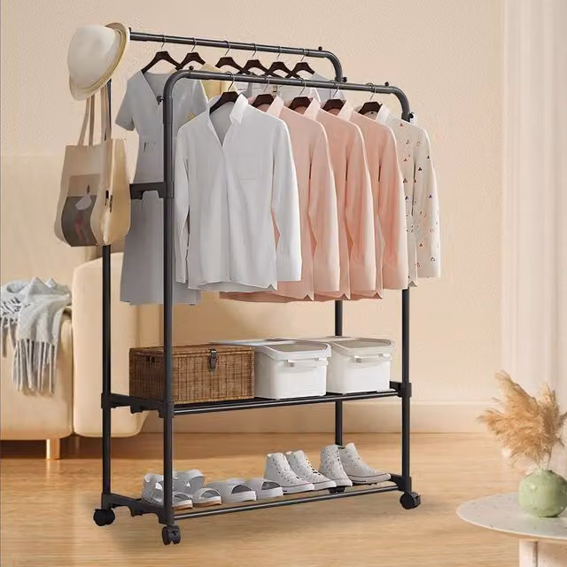 Ventryn Double Clothes Rail and Shoe Storage Display Stand in Matt Black Metal