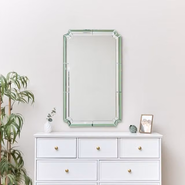 Melody Maison Art Deco Rectangular Green Glass Wall Mirror W: 60 cm, H: 100 cm