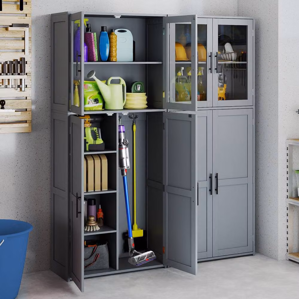 Gymax Freestanding Utility Broom Closet Storage Cabinet with Hinged Doors and Internal Shelves in Grey – 5